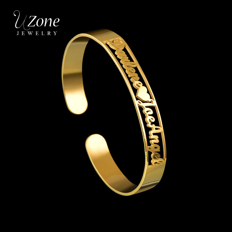 UZone Trendy Stainless Steel Custom Hollow Name Heart Bracelet Gold Color Personalized Name Open Cuff Bangle For Women Men Gift