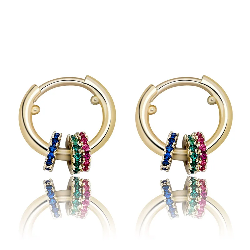1 pair Hip Hop Colorful CZ Stone Paved Bling Ice Out 3 Circles Hoop Earrings for Men Women Unisex Fashion Jewelry