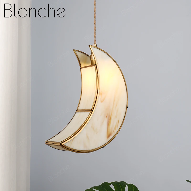 

Japanese Creative Moon Pendant Lights Brass Glass Hanging Lamp Aisle Porch Bar Restaurant Balcony Bedside Lamp Home Art Decor