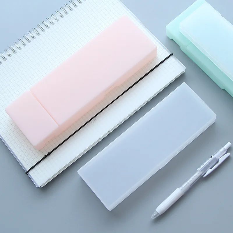 Ginflash 1pc Simple Transparent pencil case Frosted Plastic Pink Green White Pens storage box stationery Supplies holder 3 Size