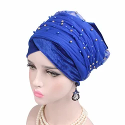 Écharpe en velours chaud pour femme, bonnet de sauna perlé, hijab musulman, chapeau africain, casquettes sous écharpe, turban pour l'hiver