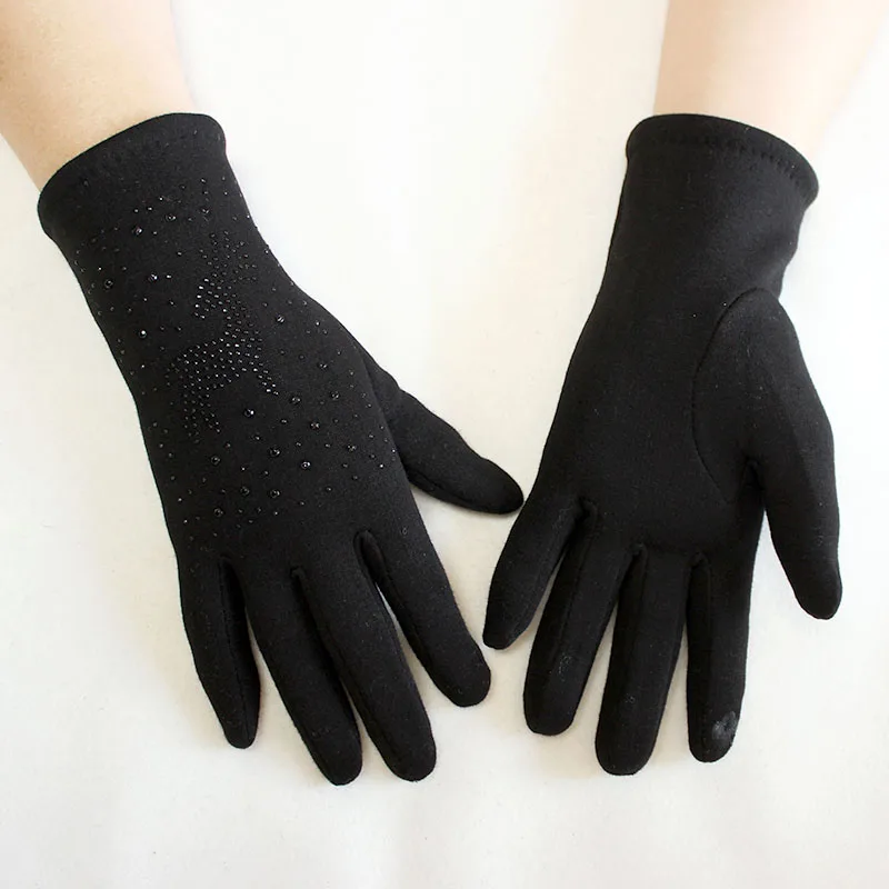 Cotton Gloves Women\'s Black Stretch Heat Drill Knit Ladies Touch Screen Girls Outdoor Riding Autumn Warm Gloves