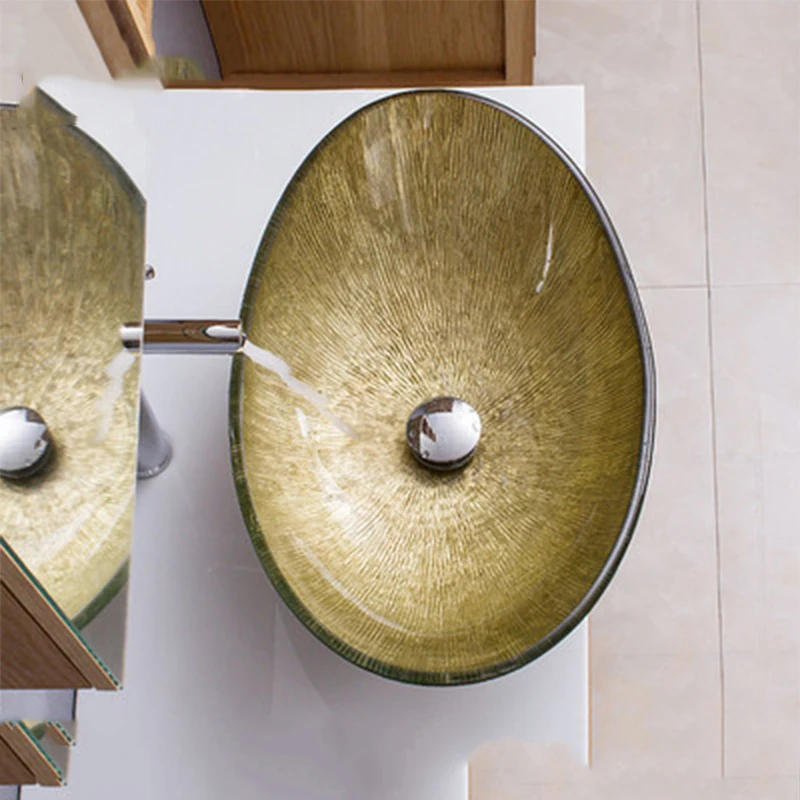Imagem -04 - Casa Simples Acima da Bacia de Vidro Temperado Lavatório Oval Linha Listrado Lingote Lavatório Arte
