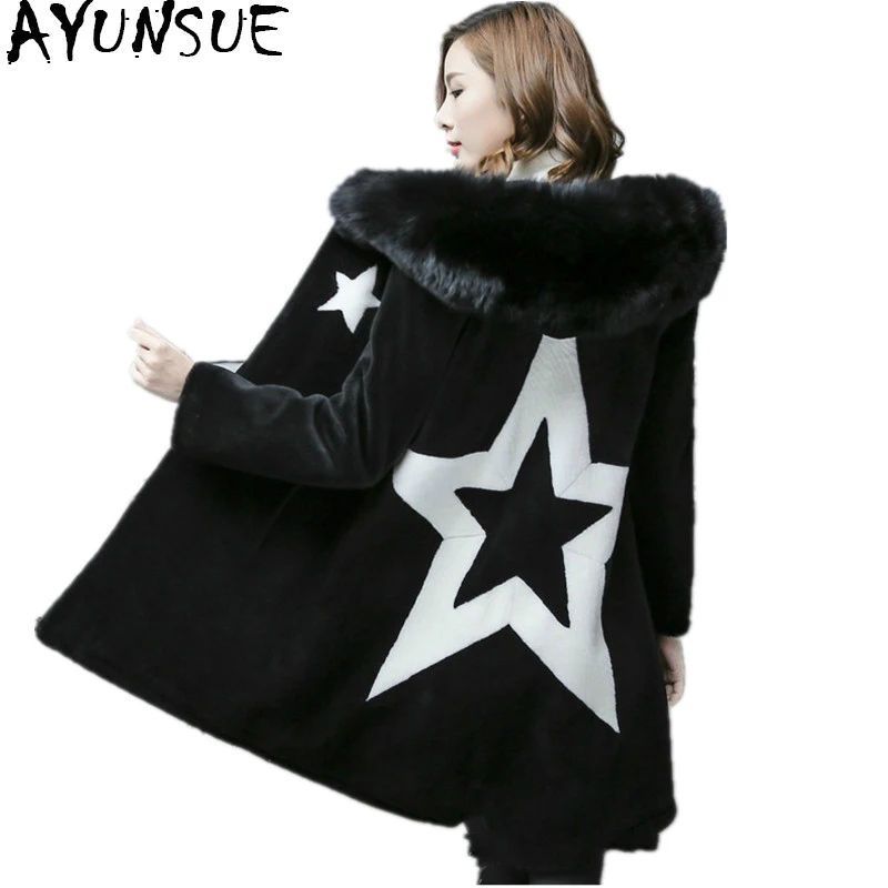 

AYUNSUE Real Wool Fur Coat Female Sheep Shearing Overcoat With Natural Fox Fur Collar Hooded Wool Winter Jacket Women YMXX0118