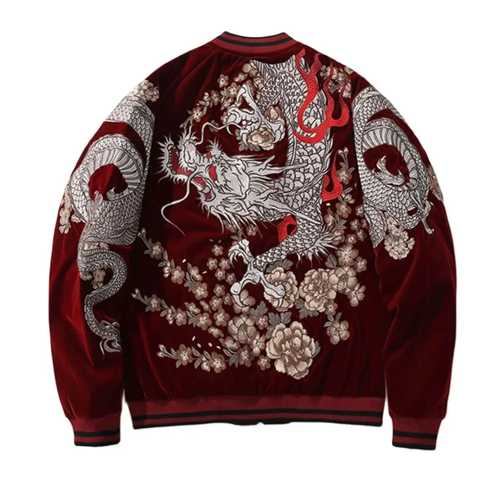 Boy Men Sukajan Souvenir Jackets Coiled Dragon Peony Embroidered