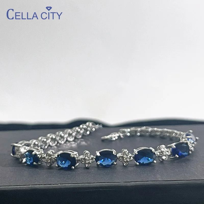 Cella City Luxury 100% 925 Sterling Silver Bracelets For Woman With Blue Sapphire Gemstone Lady Fine Jewelry Wholesale Gift