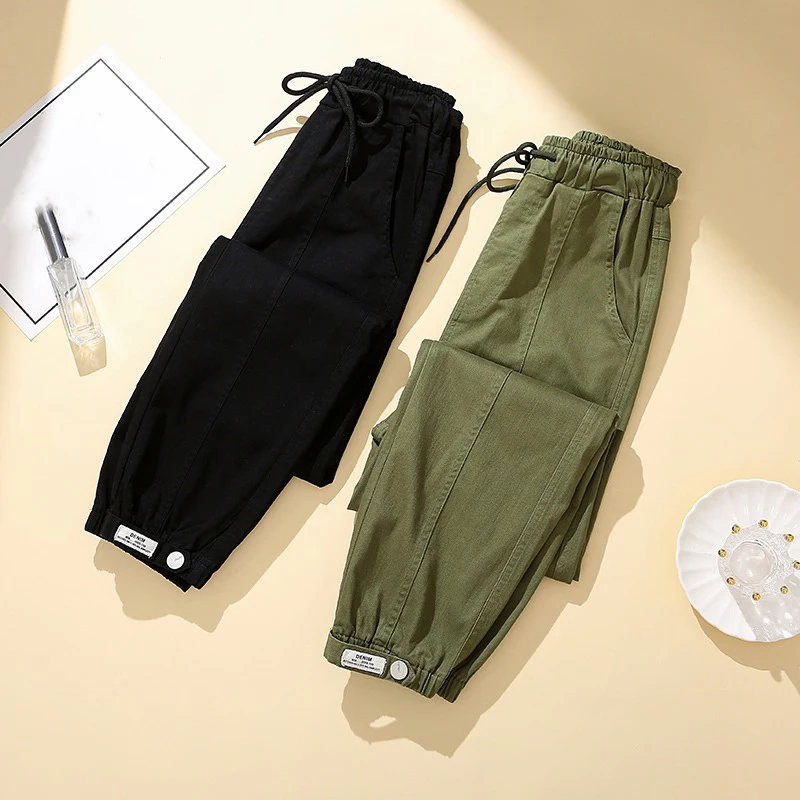 

425 Autumn Winter Women Cargo Pants Casual Versatile Solid Color Pockets Button Drawstring Thicken Female Harem Cropped Trousers