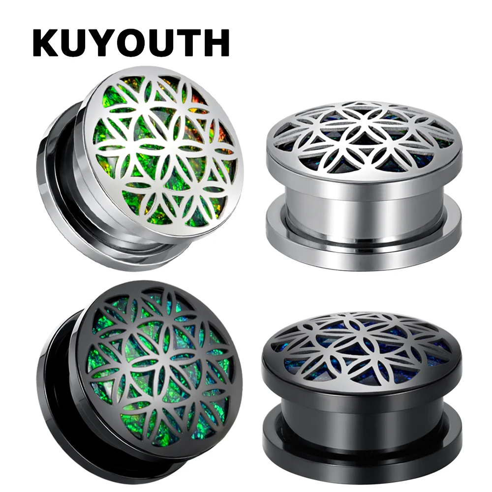 

KUYOUTH New Stainless Steel Arc-shaped Dream Catcher Opal Ear Screw Gauges Tunnels Body Piercing Jewelry Earring Expanders 2PCS