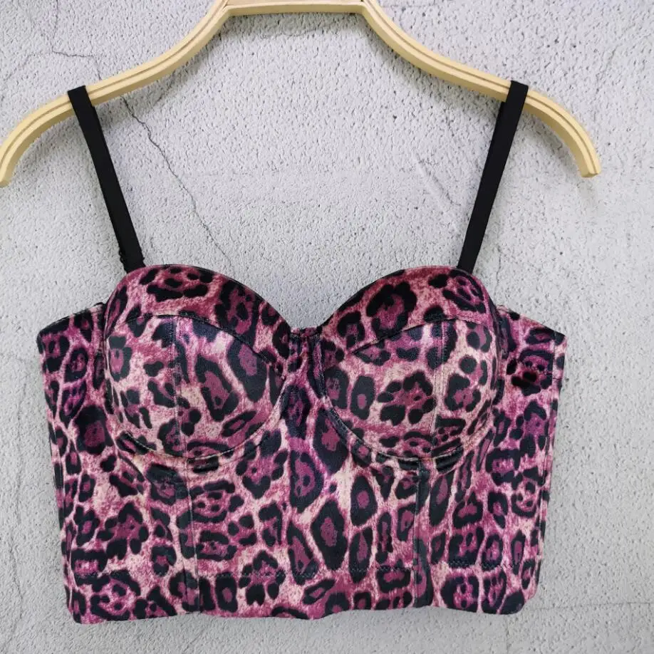 Women Sexy Leopard Print Velvet Short Bustier Crop Tops Outside Wearing Sleeveless High Waist Corset Camis q837