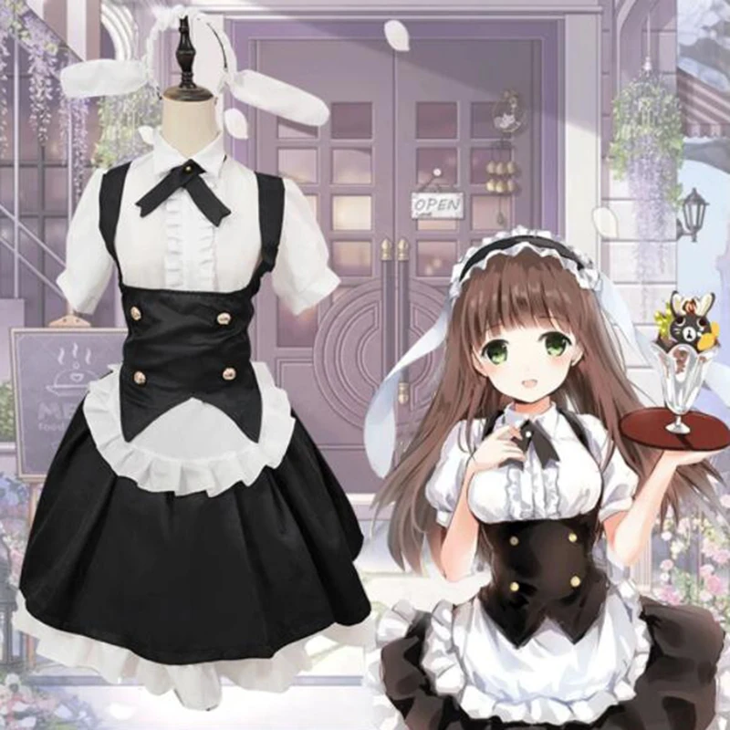 Black And White Maid Costume Anime Bunny Ears French Maid Apron Tuxedo Vest Lolita Fancy Dress Halloween Party Cosplay Costumes