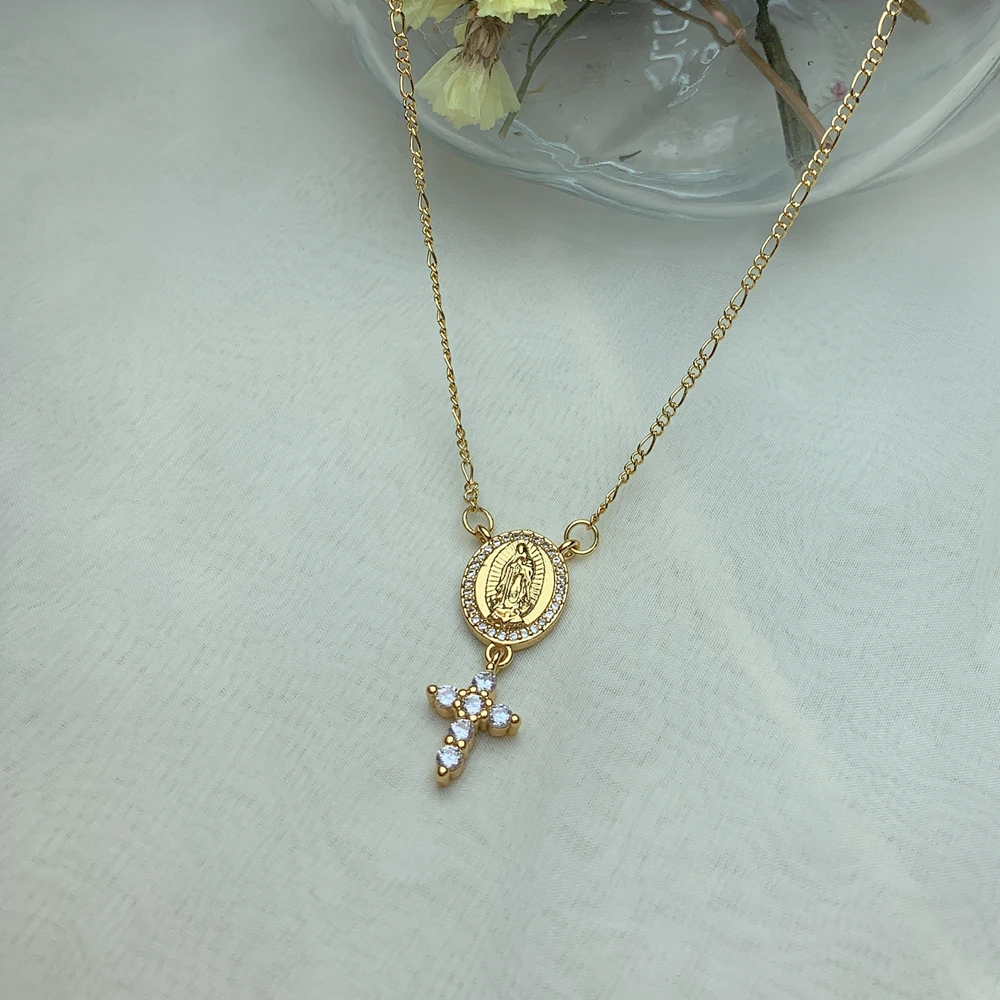 Metal Plated Gold Zircon Small Cross Virgin Mary Pendant Figaro Chain Necklace For Women 2021 Neck Jewelry