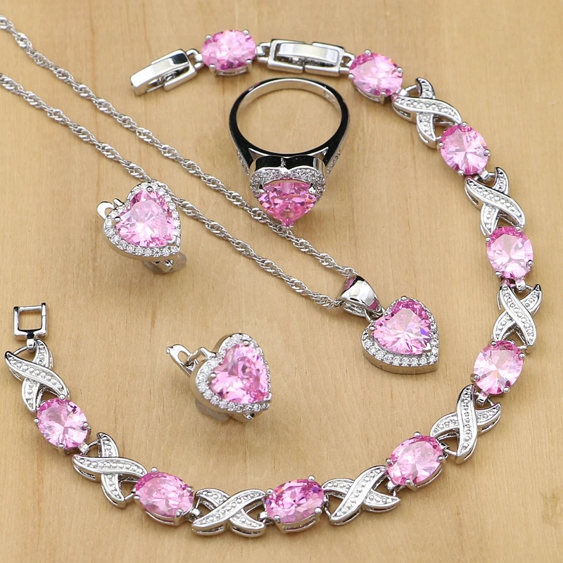 Sexy Silver 925 Jewelry Pink Cubic Zirconia Costume Jewelry Sets For Women Earrings With Stones Ring Bracelet Necklace Set