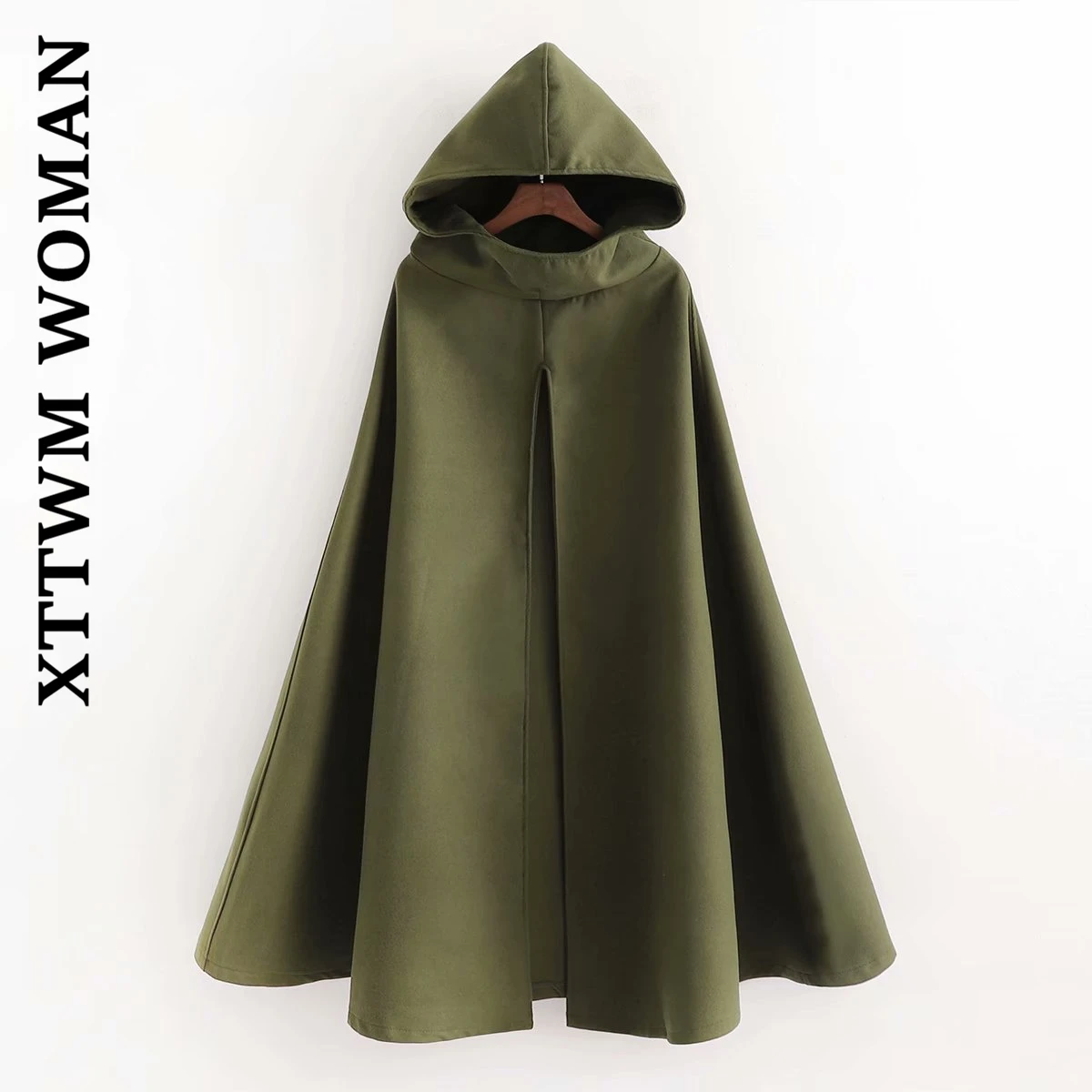 Foreign Trade Brand Cow Bill of Parcels Cut Label Winter Fashion Loose Mid-Length Hooded Shawl Cape Trench Coat Coat