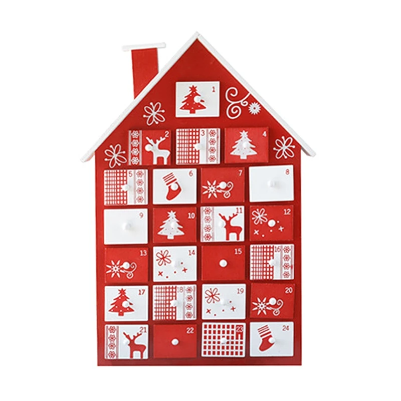 Christmas Wooden Advent Calendar House with Storage Drawers LED Lighted Countdown Number Ornament Holiday Home Desktop Gift