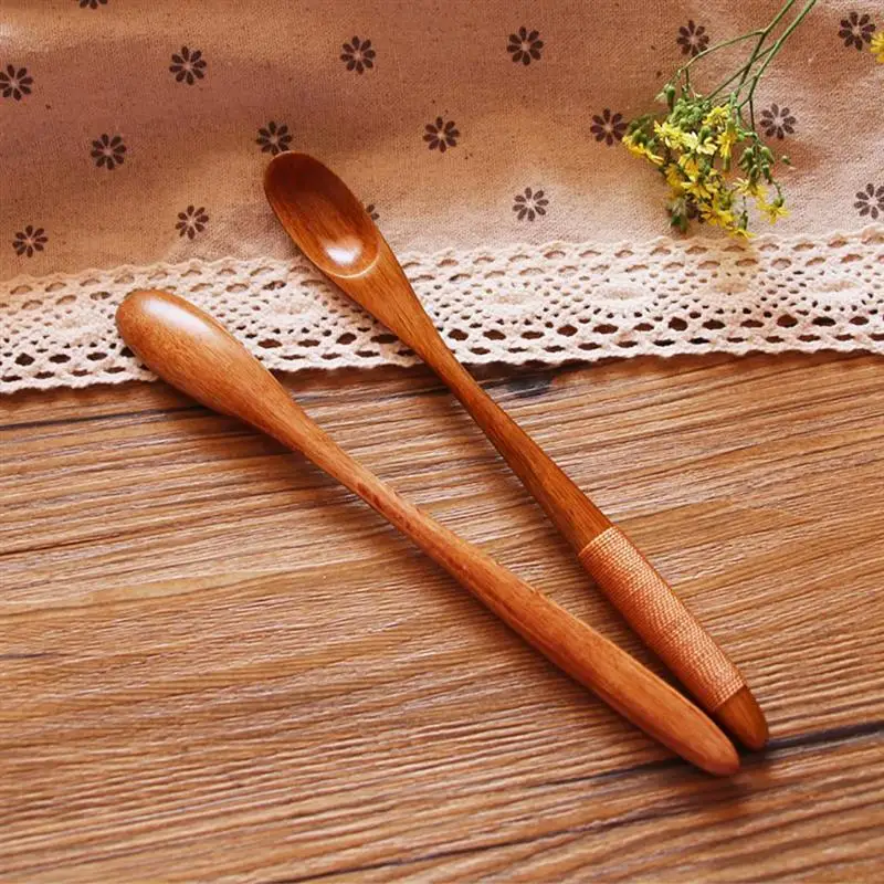 Kapmore 6Pcs/Set Natural Wooden Spoon Simple Portable Long Handle Mixing Spoon Serving Spoon Tableware Accessories