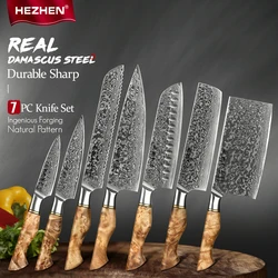 HEZHEN 7PC Kitchen Knife Set Damascus Steel Chef Santoku Paring Utility Bread Knife For Meat Professional Kitchen Cook Knife