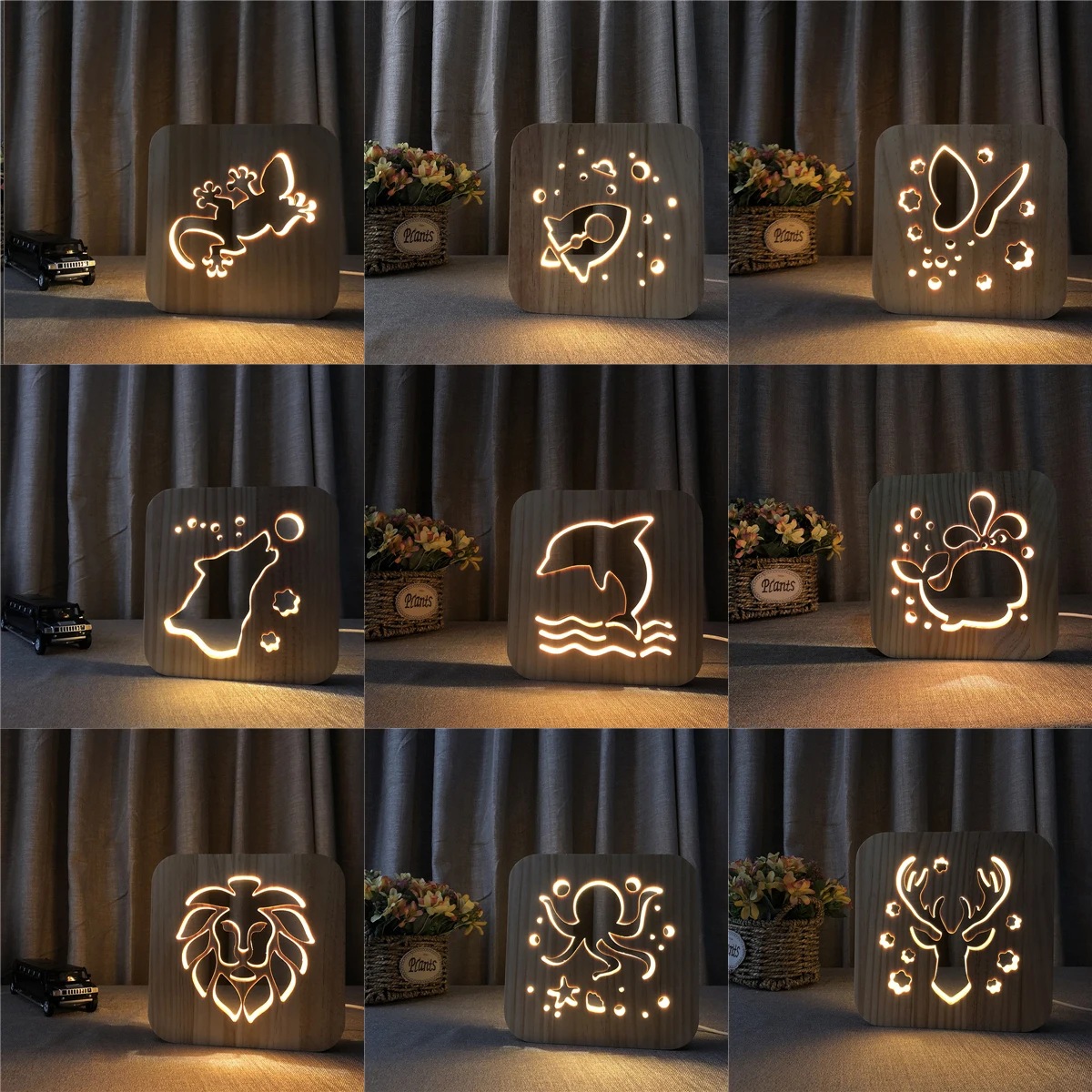 Acecorner LED USB Night Light Wooden Dog Paw Cat Wolf Head Animal Lamp Novelty Kid Bedroom 3D Decoration Table Lamp Children Gif