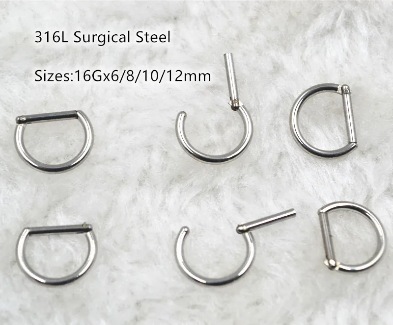 

50pcs/Lot 316L Surgical Steel D Nose Hoop Septum Clicker Ring Earring Ear Tragus Helix Cartilage16Gx6/8/10/12mm Body Piercing