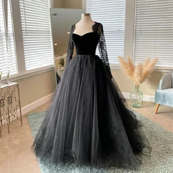DREAM Customized Gothic Long Sleeves Tulle Wedding Dress Lace Appliques Sweep Black Wedding Gown 2025 Sweetheart Bridal Dress