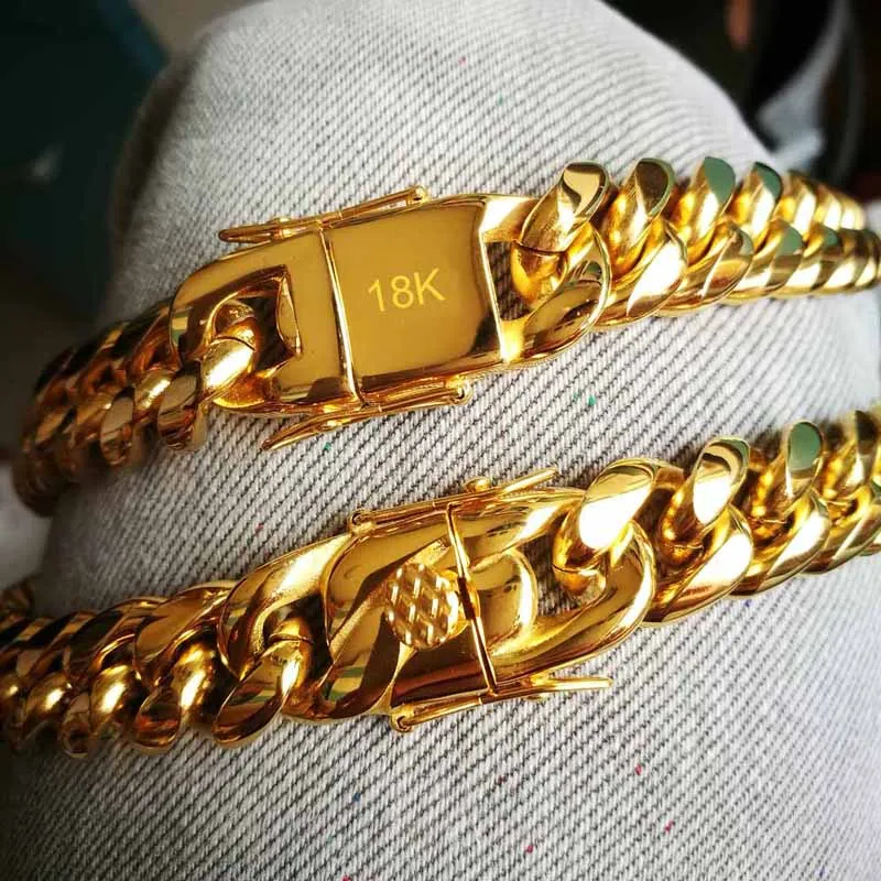 Stainless Steel Miami Curb Cuban Chain Bracelets Hip Hop 18K Gold Plated Jewelry Men Women Accessories Link Lock Clasp Bangles