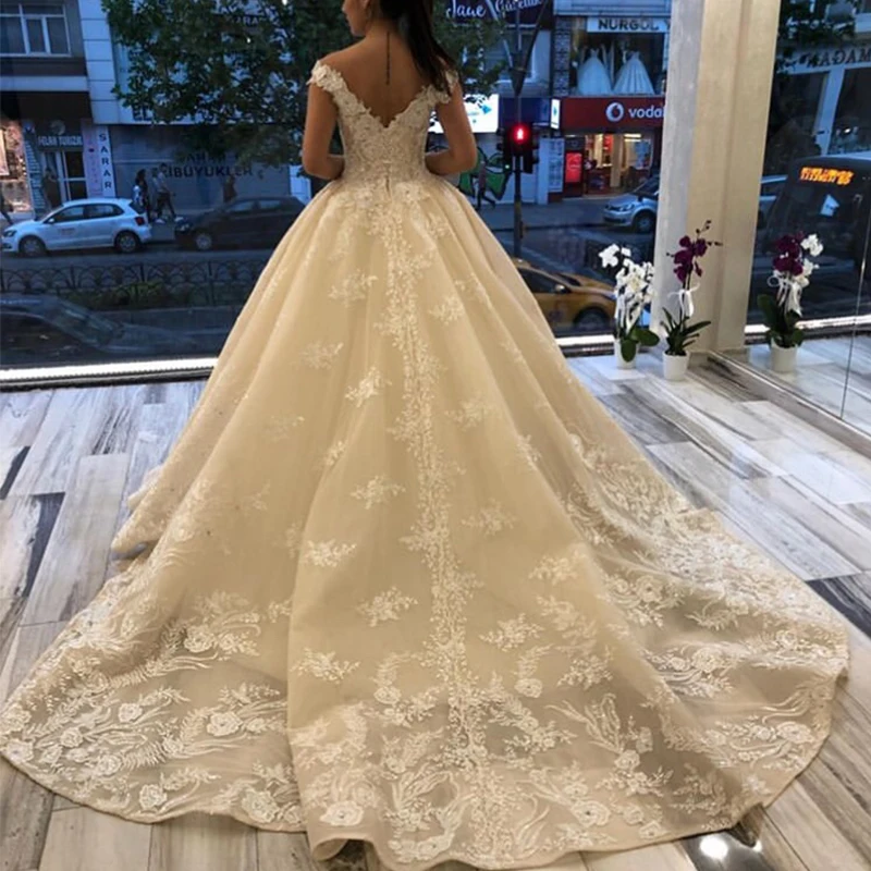 Luxury V-neck Vestidos De Novia Off Shoulder Wedding Dresses Princess Ball Gowns Appliques Beading Chapel Train Bride Dresses