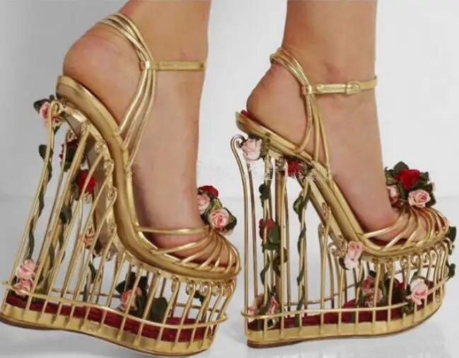 Woman Gold 3D Flower Embellished Cut-outs Bird Cage Wedges Sandals Female Thick Platform Strange Fretwork Heels Runway Shoes