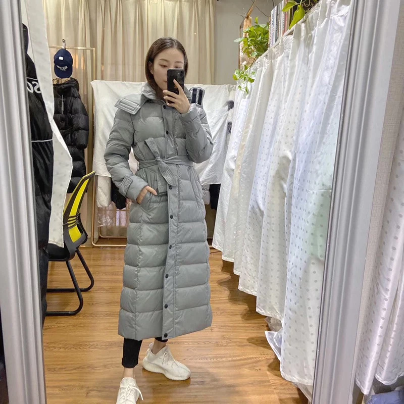 90% White Duck Down Jacket Women Long NICE Over Knee Winter Warm Lightweight Parka Hooded Windproof Female Coat