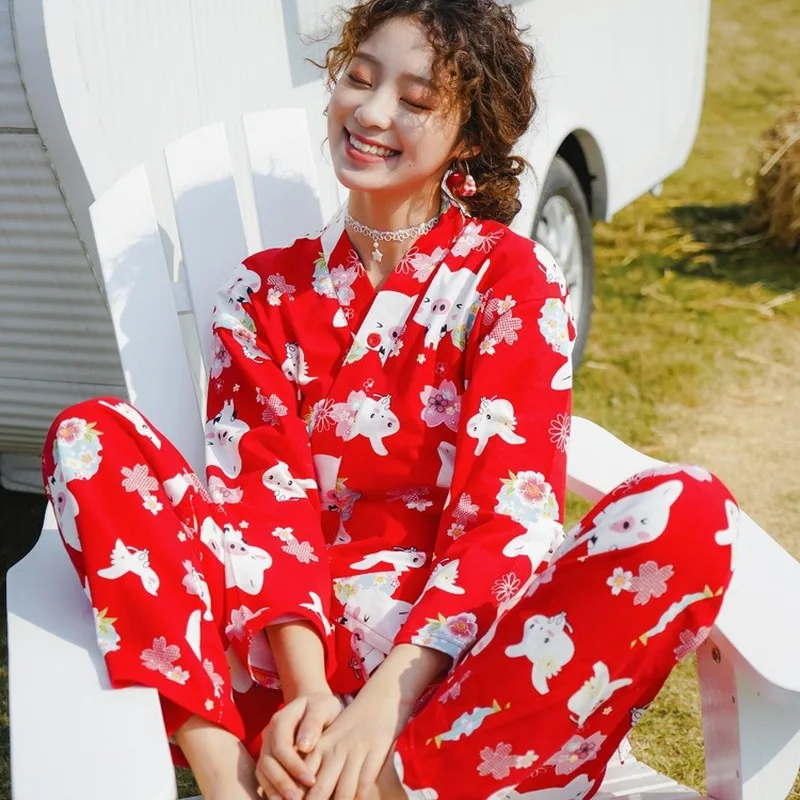 

Japanese Fashion Indoor Party Kimono Women Korean Sweet Cartoon Print Girls Kawaii Long Sleeve Elegant Home Pajamas Sleepwear