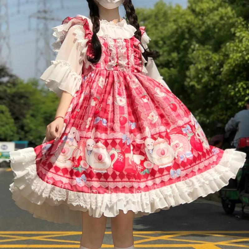 Robe princesse lolita vintage en dentelle, tenue victorienne, taille haute, avec bretelles, nœud papillon, fraise, style gothique, kawaii, lolita cos loli