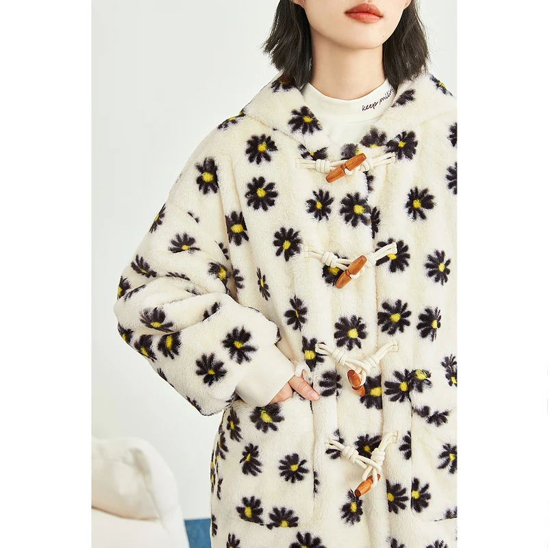 INMAN Women's Coat Winter Casual Lazy Flowers Printing Ox Horn Buttons Hooded Mid-length  Thick Top