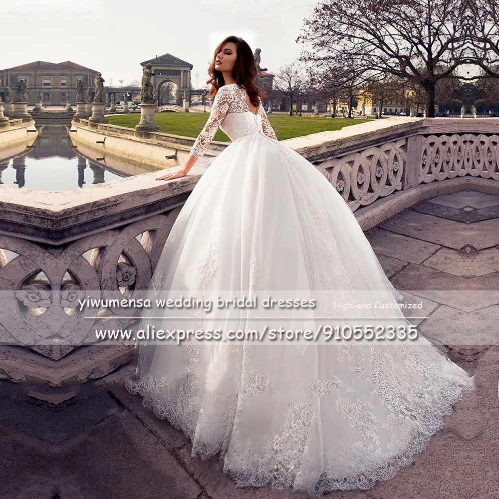 Vestido De novia De manga larga con cuello festoneado, vestido De baile De tul hinchado De lujo, apliques encaje blanco, vestidos De novia, vestido De casamiento