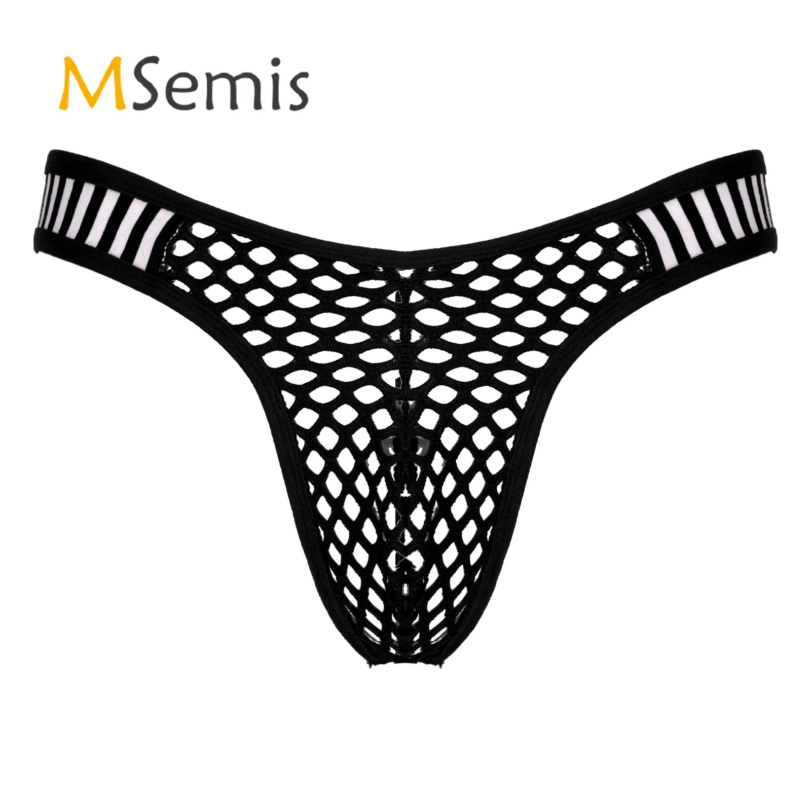 Mens Lingerie Fishnet Briefs Underwear Low Waist Striped Elastic Waistband Hollow Out Thongs See-through Bulge Pouch Underpants