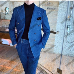 Blue Denim Mens Suits Traveling Smart Casua Double Breasted Jackets And Pants 2 Pieces Costume Homme Mariage Blazer Masculino