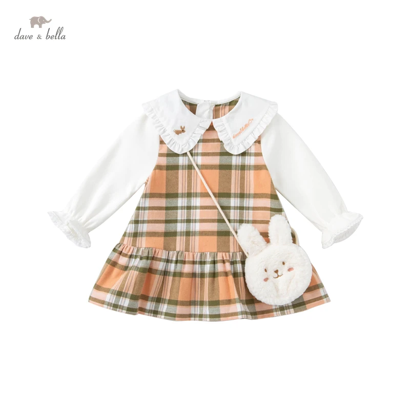 DBZ18513 dave bella autumn baby girl's fashion plaid draped dress with a small bag party dress kids infant lolita 2pcs clothes