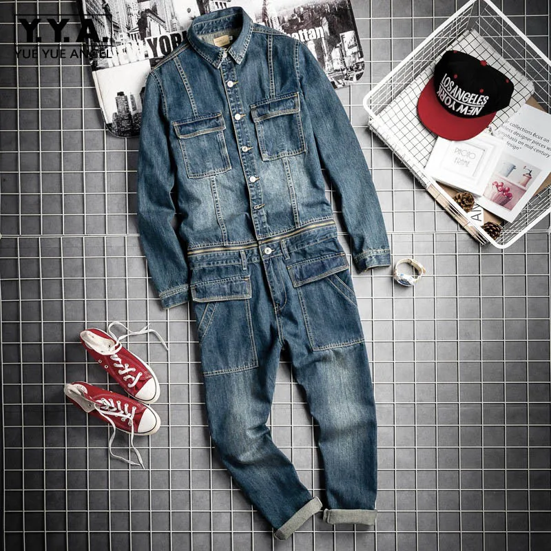 

Spring Fall Mens Vintage Detachable Denim Cargo Overalls HipHop Long Sleeve Tops Straight Pants Big Size Rompers Male Jumpsuit