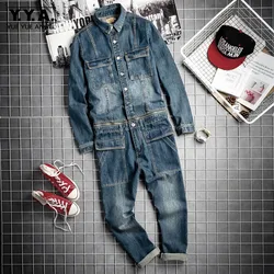 Spring Fall Mens Vintage Detachable Denim Cargo Overalls HipHop Long Sleeve Tops Straight Pants Big Size Rompers Male Jumpsuit