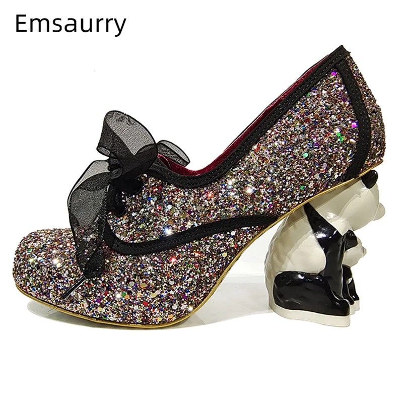 Novelty Panda-Shaped Strange Heel Banquet Shoes Woman Round Toe Platform Ribbon Lace-Up Sequins Pumps Women Spring