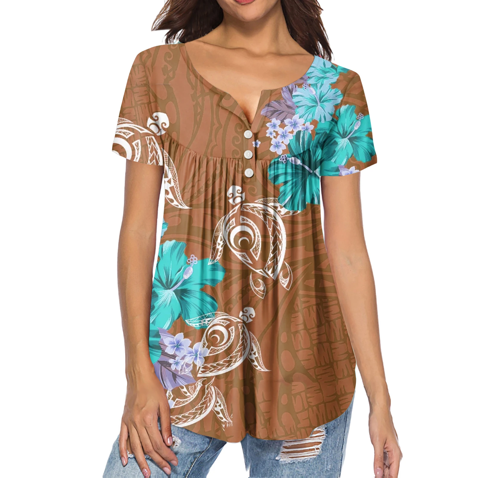 

HYCOOL Hawaiian Polynesian Tribal Hibiscus Design Women Short Sleeve Pleated Buckle Shirt Ladies Custom Loose Tops Women 2021