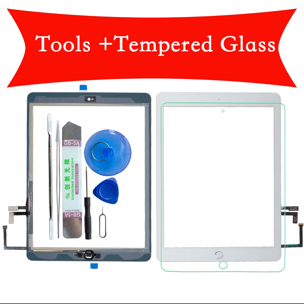 For iPad Air 1 Touch Screen Digitizer With Home Button and Flex Cable +Full Tools +Tempered Glass A1474 A1475 A1476