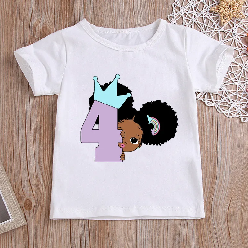 Little Black Melanin Princess Birthday Number 1-9 Print Girls T shirt Kids Tops Streetwear Baby Clothes Children T-shirt,HKP2471