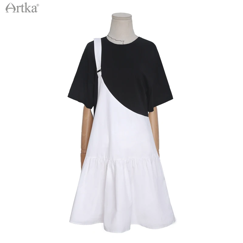 ARTKA 2021 Summer New Women Dress Fashion Strap Fake Two Piece Midi Dresses Loose Casual Ruffles Black T-Shirt Dress ZA25013X