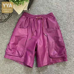 Women Casual High Waist Loose Fit Soft Sheepskin Short Harem Pants Lady Wide Leg Elastic Waist Genuine Leather Shorts Streetwear