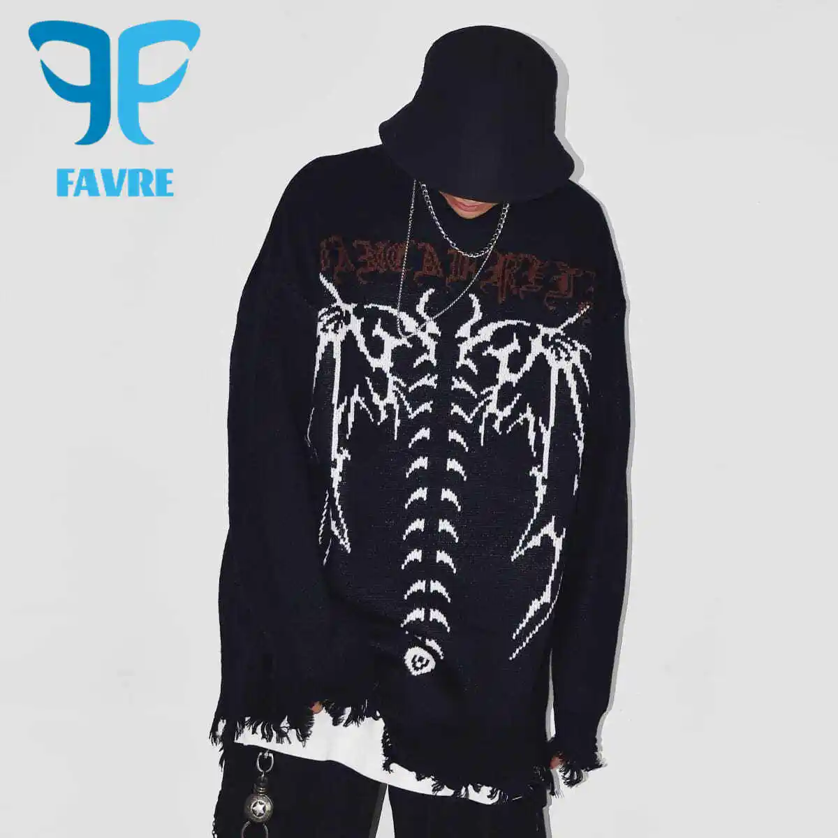 

FAVRE Hip Hop Streetwear Knitted Sweaters Ripped Gothic Letter Bat Skeleton Bone Pullovers Men Autumn Harajuku Casual Sweater