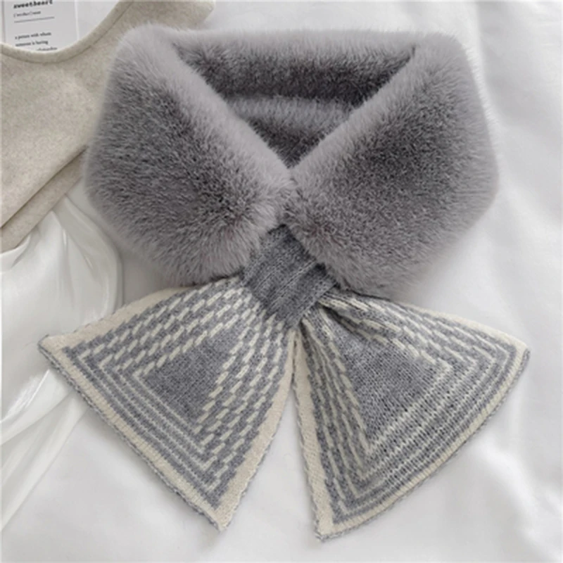 Korean Wool Knit Cross Bib Plush Warm Scarf Woman\'s Winter Faux Rex Rabbit Fur Stripe Thicken False Collar Neck Guard Scarve Q88