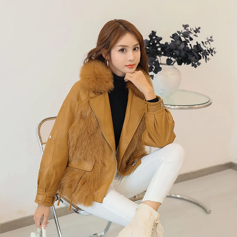 Fox Luxury Fur Splice Sheepskin Coat Fashion Short Biker Real Leather Jacket Office Lady Square Collar Natural Fur Outwear