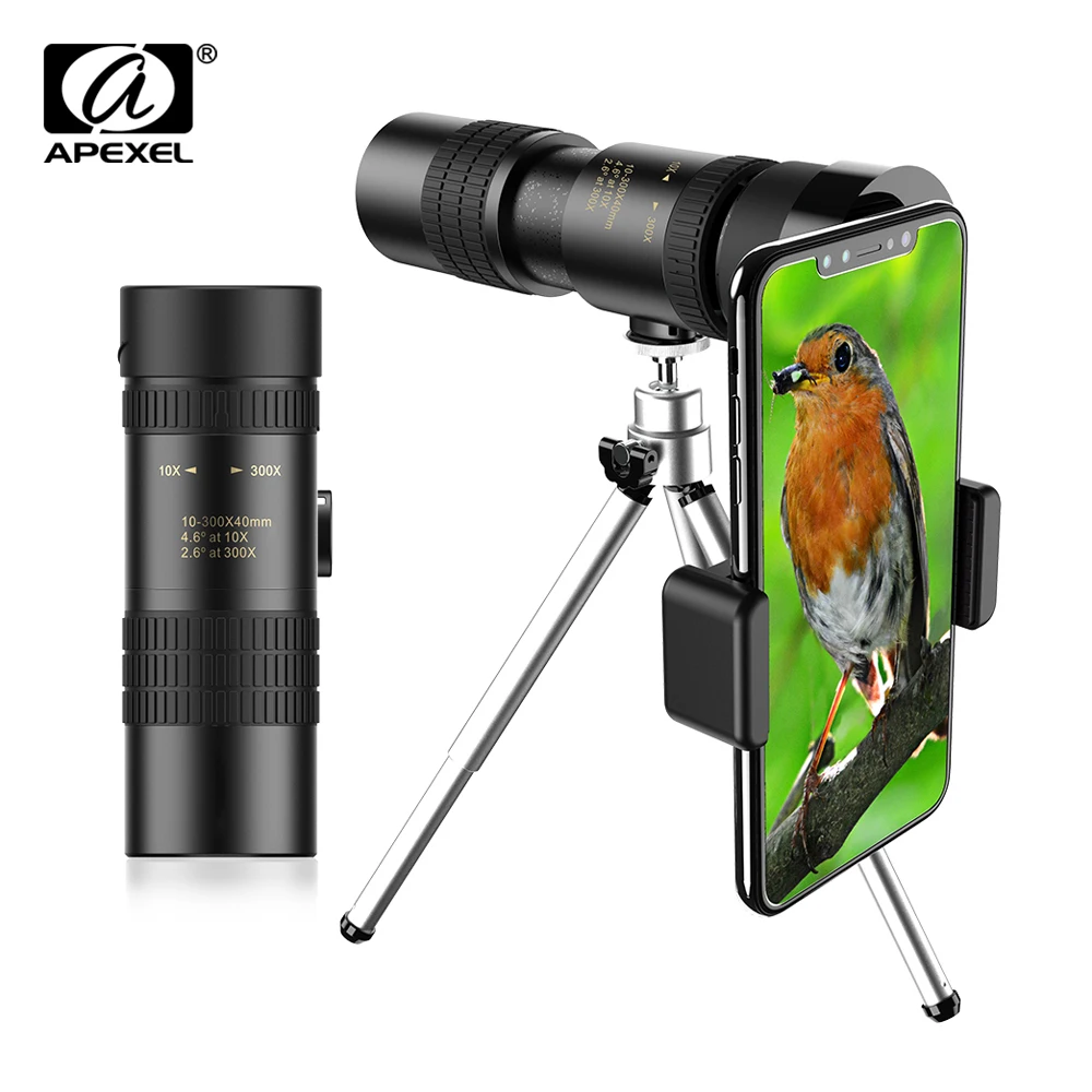 APEXEL HD 10-300X40 Zoom Telephoto lens Monocular Long Range Powerful Foldable Telescope for all Smartphones  Hunting Camping