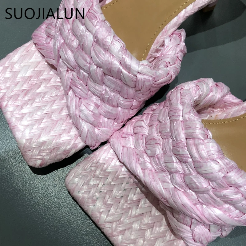 SUOJIALUN 2021 Fashion Brand Weave Women Slipper New Summer Ladies Slides Square Open Toe High Heel Mules Slip On  Sandal Shoes