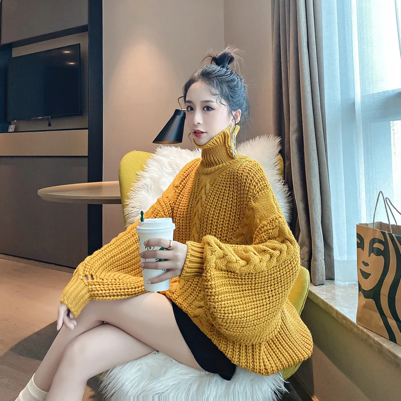 Twist Turtleneck Loose Short Puff Sleeve Autumn/Winter 2020 New Sweater Pullover Female Thicken Jacket Top Wear