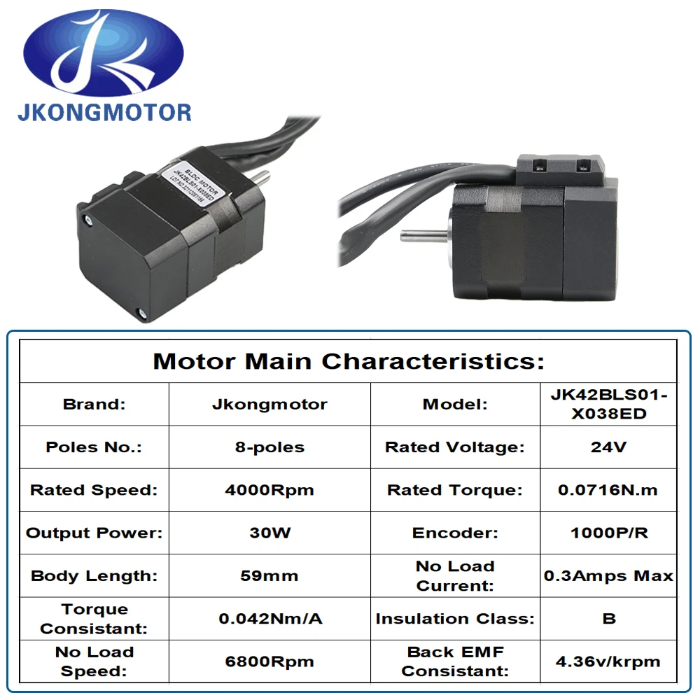 JKM JK42BLS01-X038ED Brushless DC Motor L=59mm 24V 30W 8-poles 0.0716N.m BLDC Servo Motor with Encoder 1000P/R For DIY Design