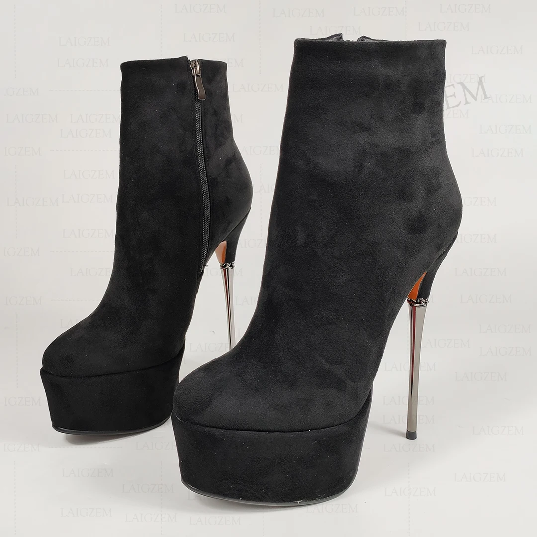 SEIIHEM stivaletti con plateau da donna in vera pelle scamosciata punta tonda tacchi alti in metallo stivaletti corti Zip laterale scarpe da donna